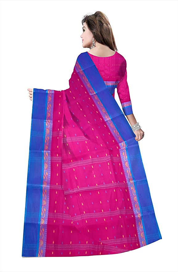 Pradip Fabrics Ethnic Women's Cotton Tant Dark Pink Body And Blue Border Saree