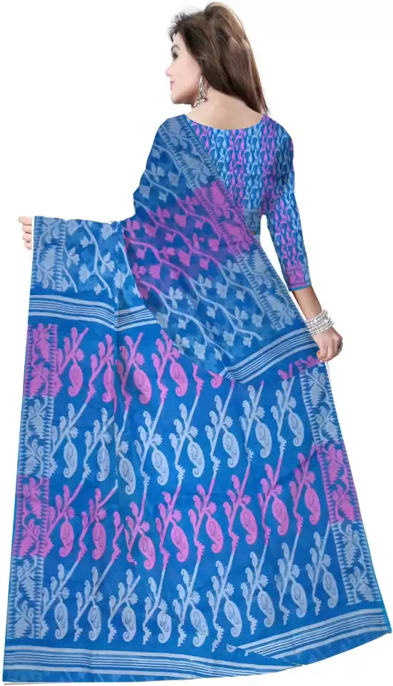 Pradip Fabrics Ethnic Women's Tant Gap Dhakai Jamdani Blue Color Saree