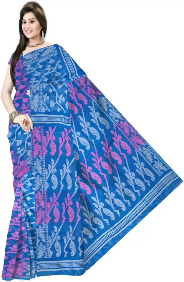 Pradip Fabrics Ethnic Women's Tant Gap Dhakai Jamdani Blue Color Saree