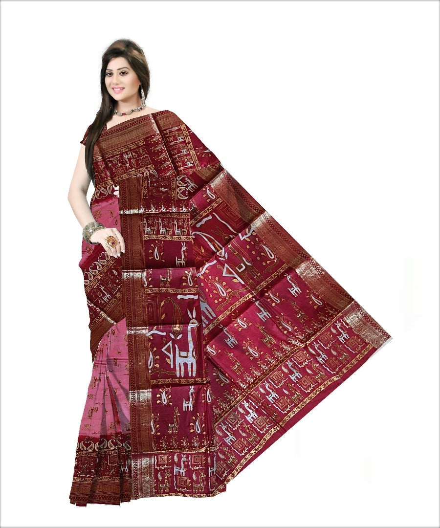 Pradip Fabrics Woven Pink and Red Color Pure Silk Saree