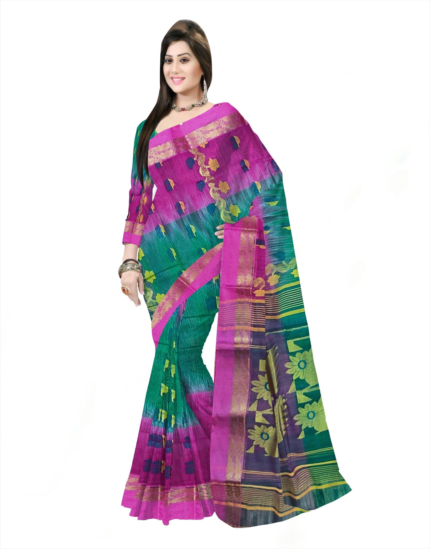 Pradip Fabrics Ethnic Women's Tant Silk Light Green and Pink ColorBaluchuri Saree