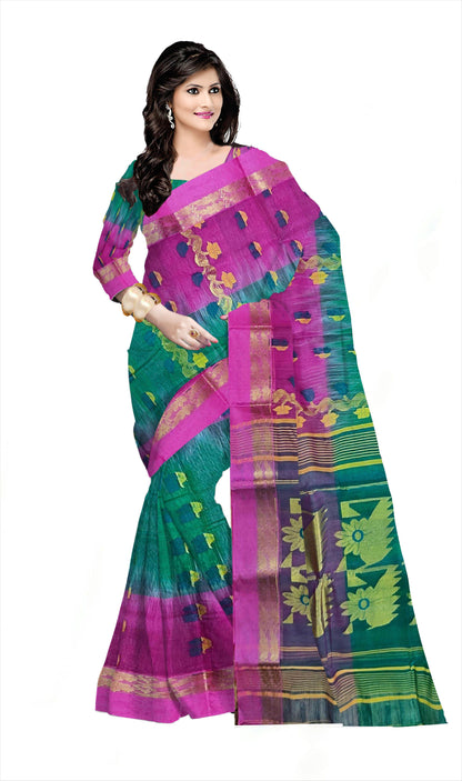 Pradip Fabrics Ethnic Women's Tant Silk Light Green and Pink ColorBaluchuri Saree