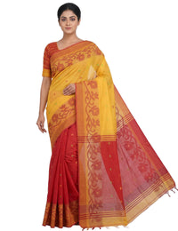 Pradip Fabrics Woven Tant Silk Blend Saree (Green, Blue)