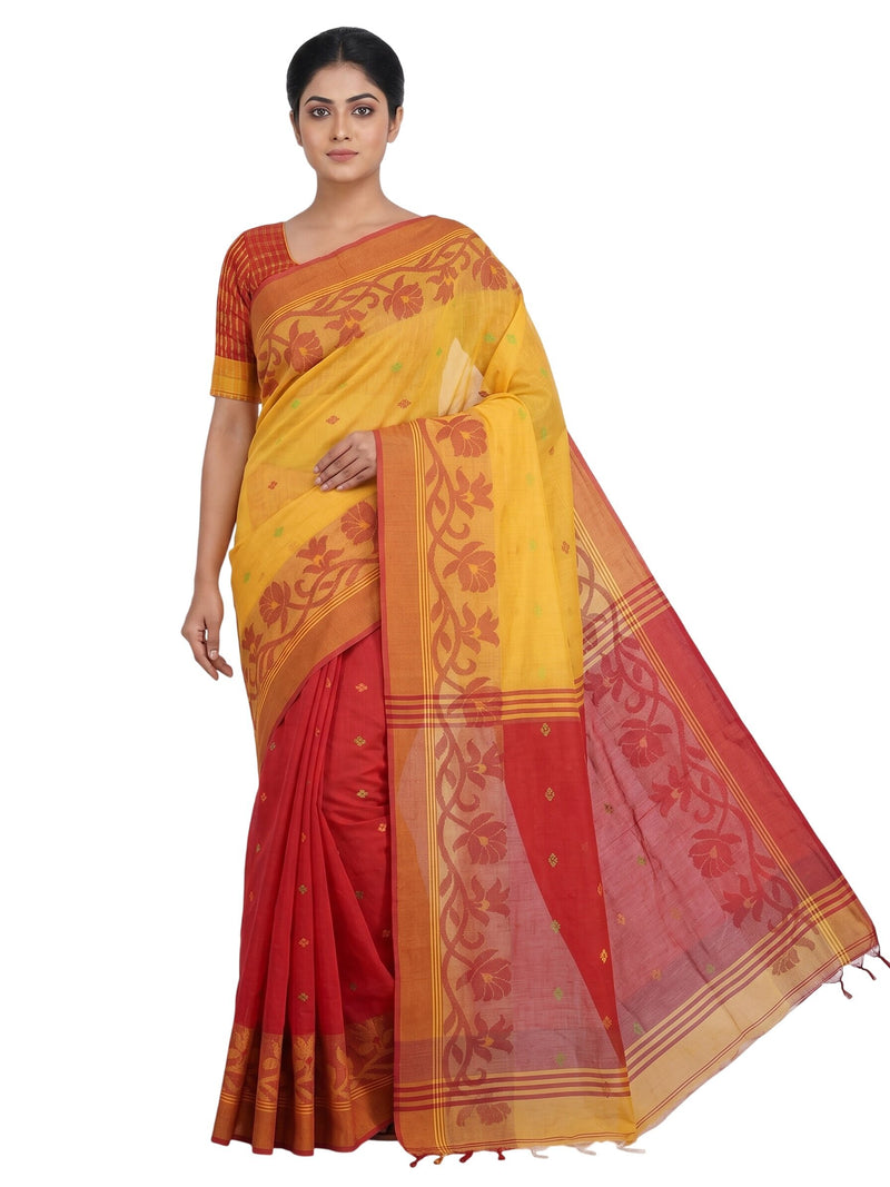 Pradip Fabrics Woven Tant Silk Blend Saree (Green, Blue)