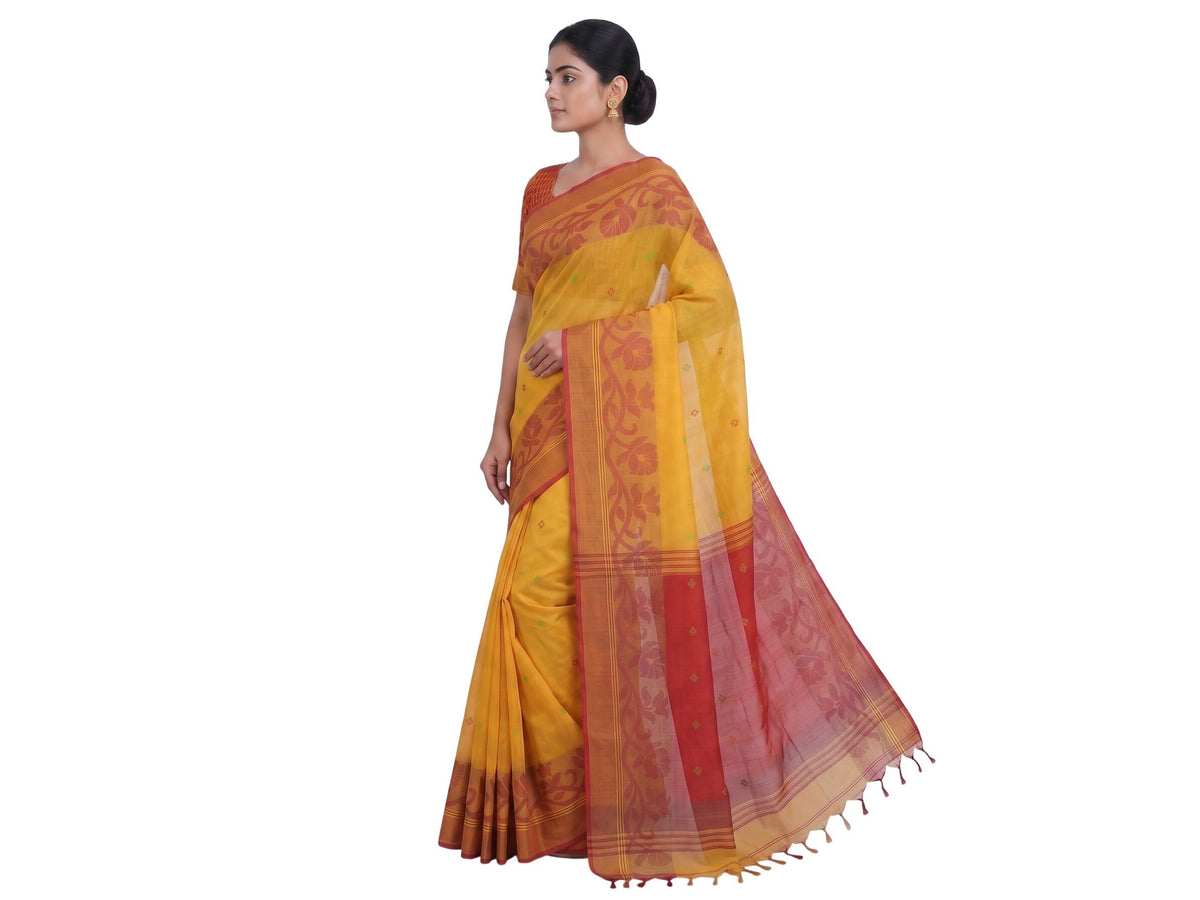 Pradip Fabrics Woven Tant Silk Blend Saree (Green, Blue)