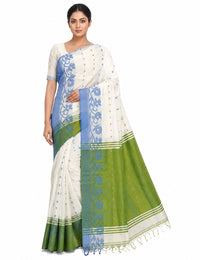 Pradip Fabrics Woven Tant Silk Blend Saree (Green, Blue)