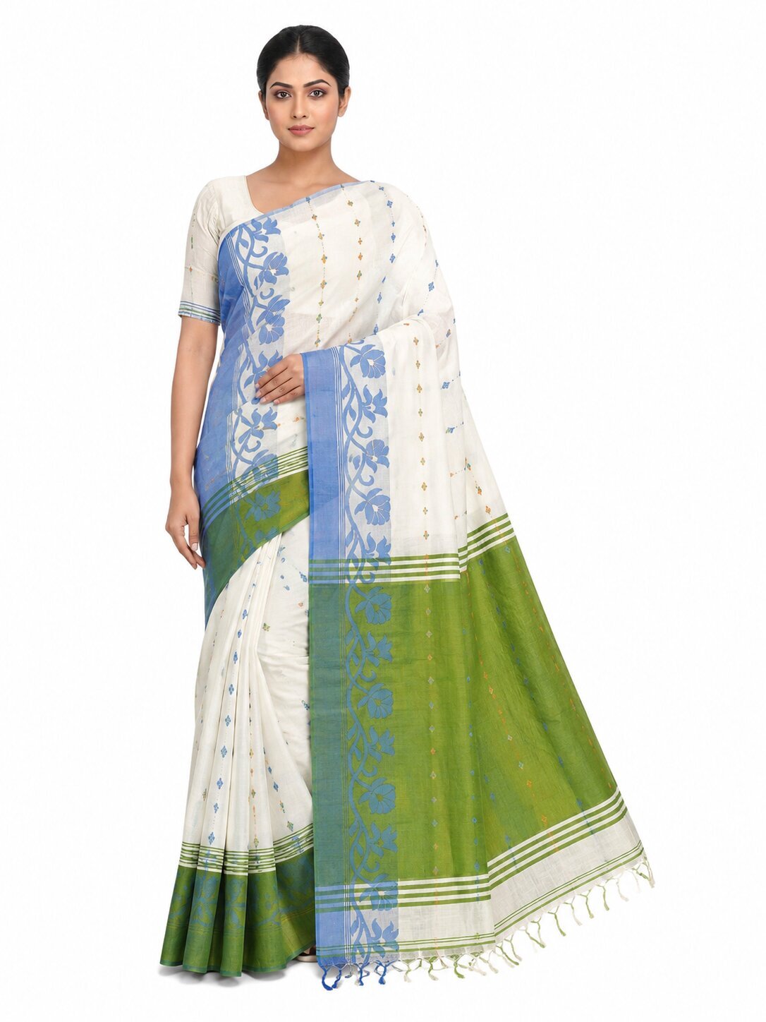 Pradip Fabrics Woven Tant Silk Blend Saree (Green, Blue)