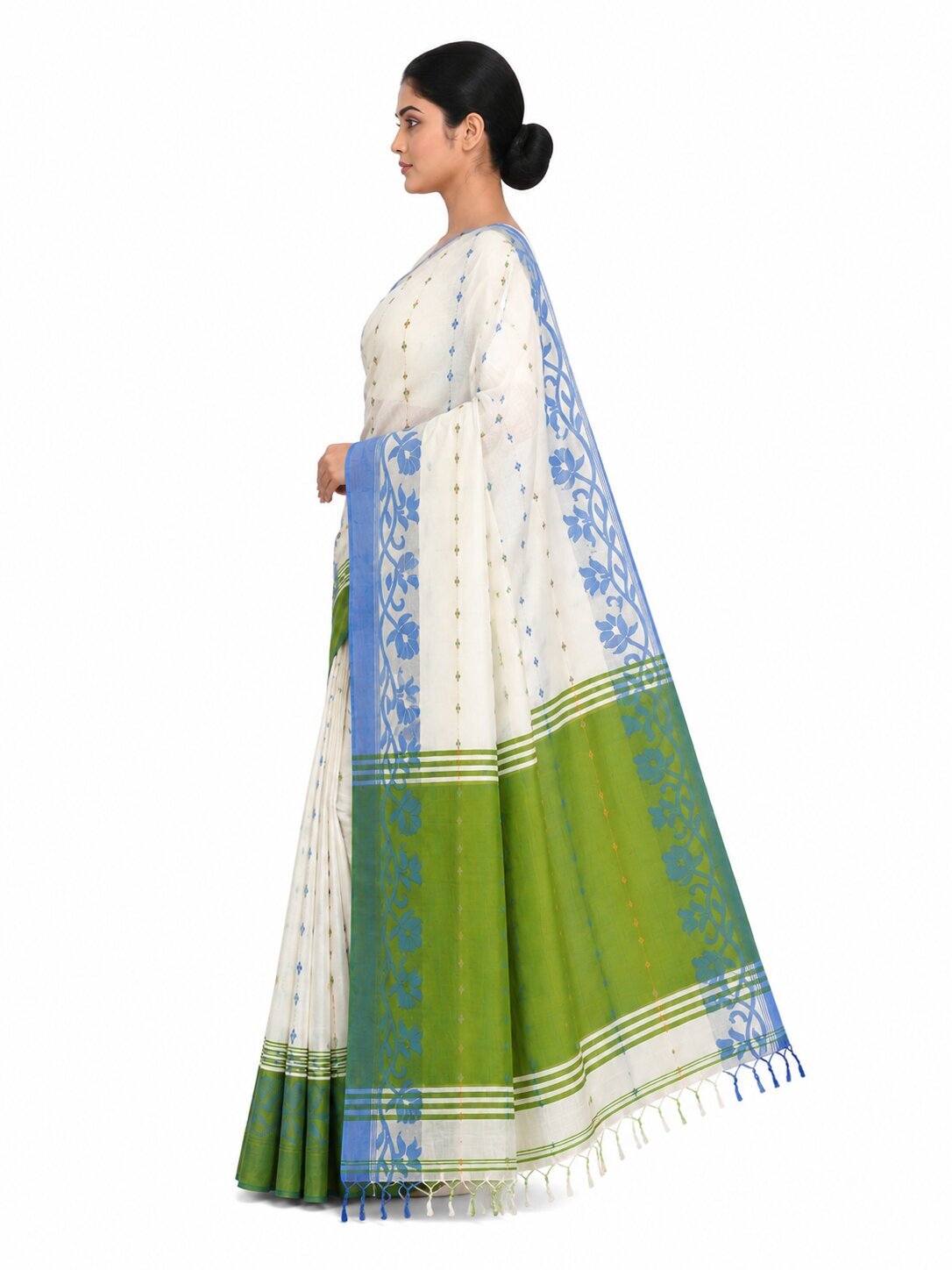 Pradip Fabrics Woven Tant Silk Blend Saree (Green, Blue)