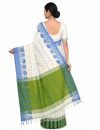 Pradip Fabrics Woven Tant Silk Blend Saree (Green, Blue)