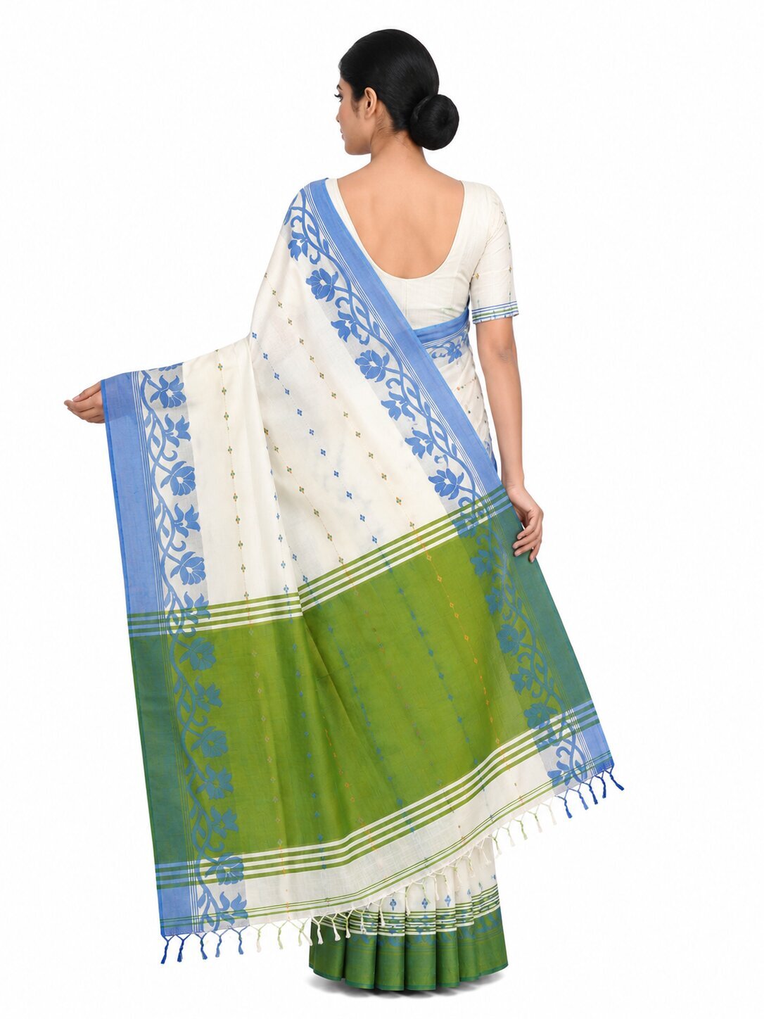 Pradip Fabrics Woven Tant Silk Blend Saree (Green, Blue)