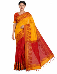 Pradip Fabrics Woven Tant Silk Blend Saree (Green, Blue)