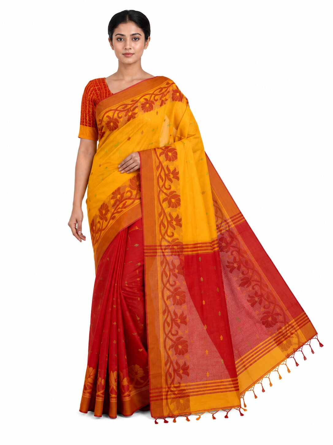 Pradip Fabrics Woven Tant Silk Blend Saree (Green, Blue)
