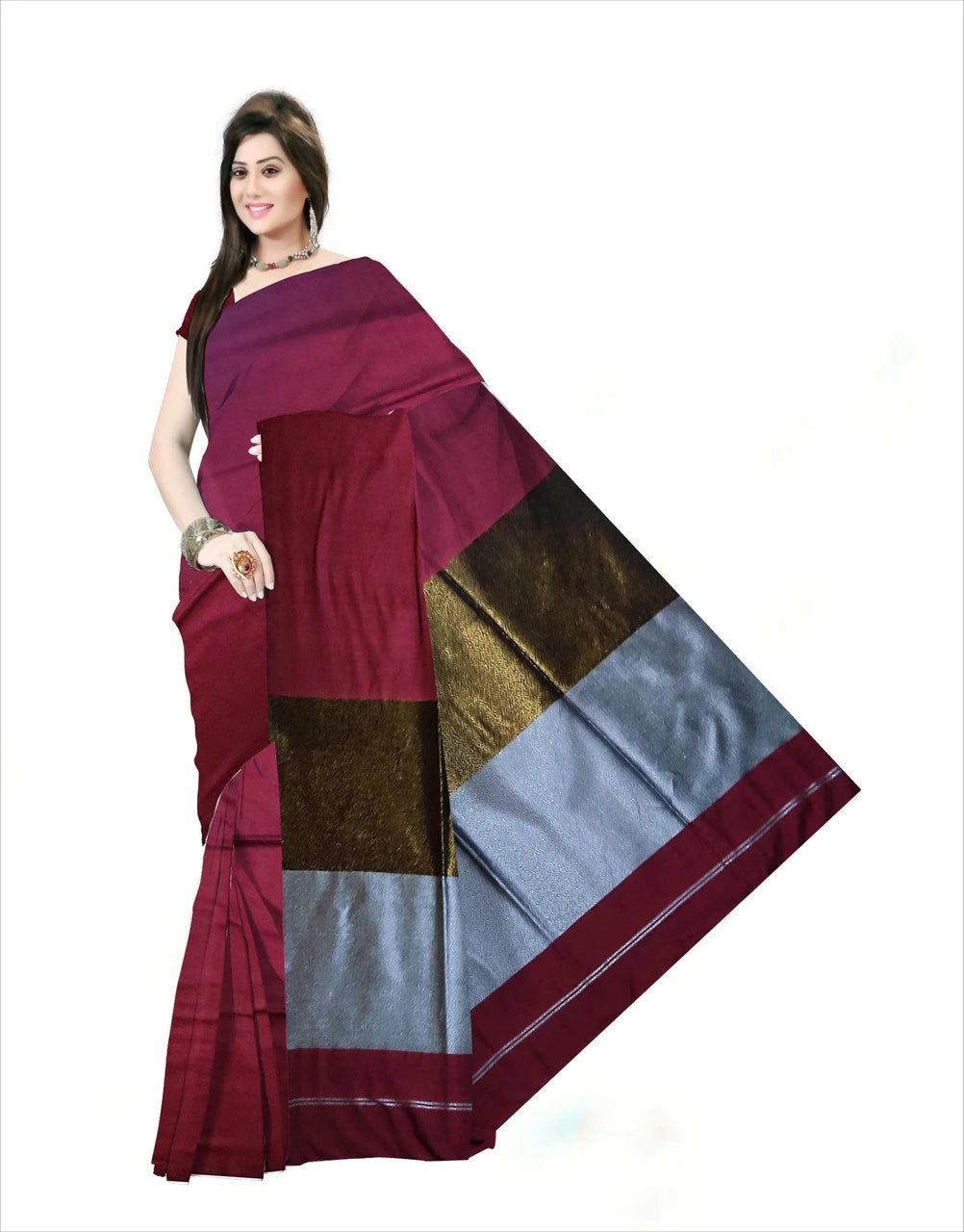Pradip Fabrics Self Design Handloom Cotton Linen Saree (Maroon)