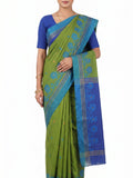 Pradip Fabrics Woven Tant Silk Blend Saree (Green, Blue)