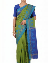 Pradip Fabrics Woven Tant Silk Blend Saree (Green, Blue)