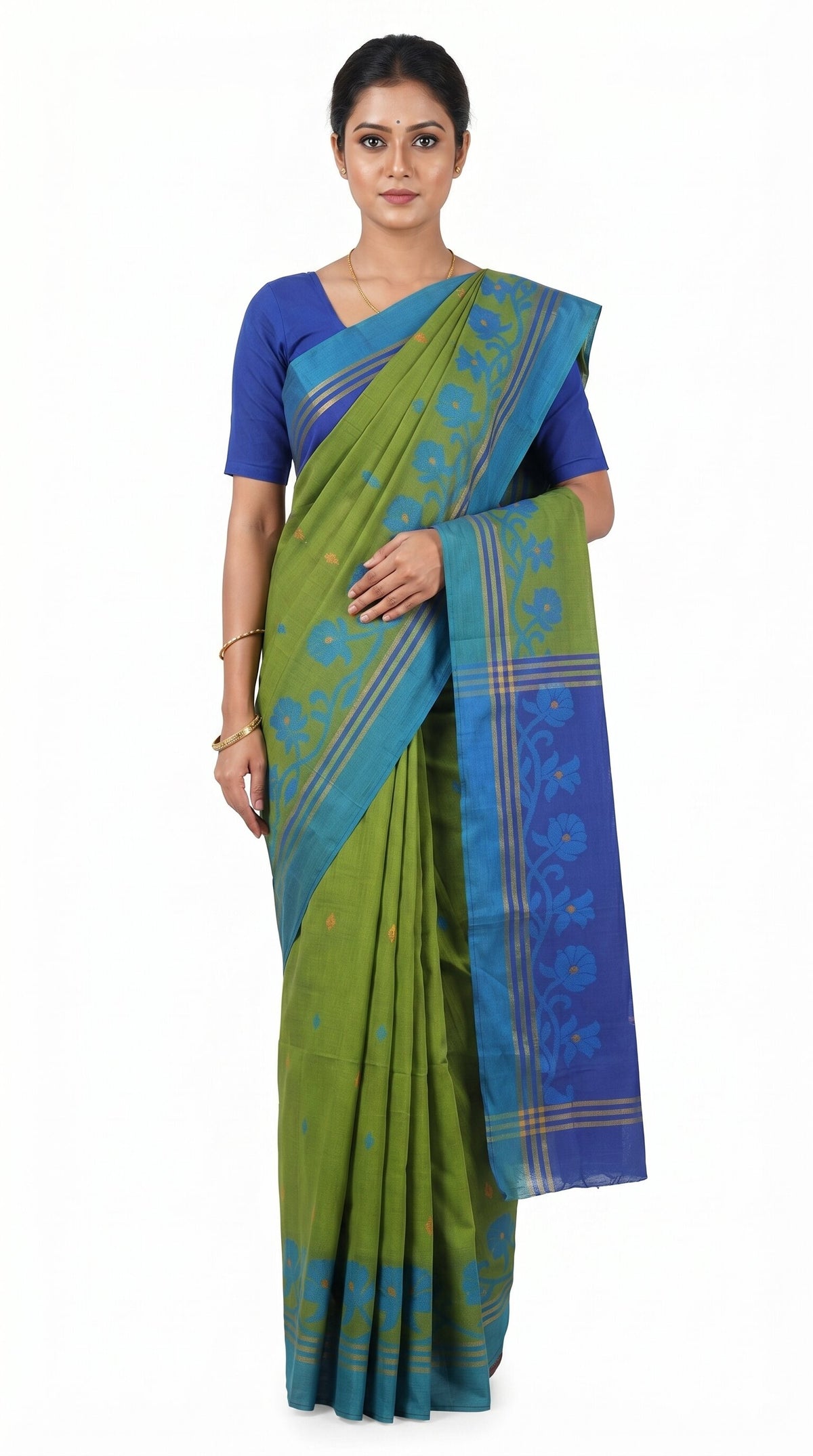 Pradip Fabrics Woven Tant Silk Blend Saree (Green, Blue)