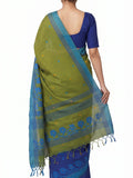 Pradip Fabrics Woven Tant Silk Blend Saree (Green, Blue)