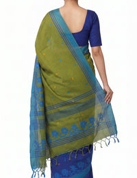 Pradip Fabrics Woven Tant Silk Blend Saree (Green, Blue)