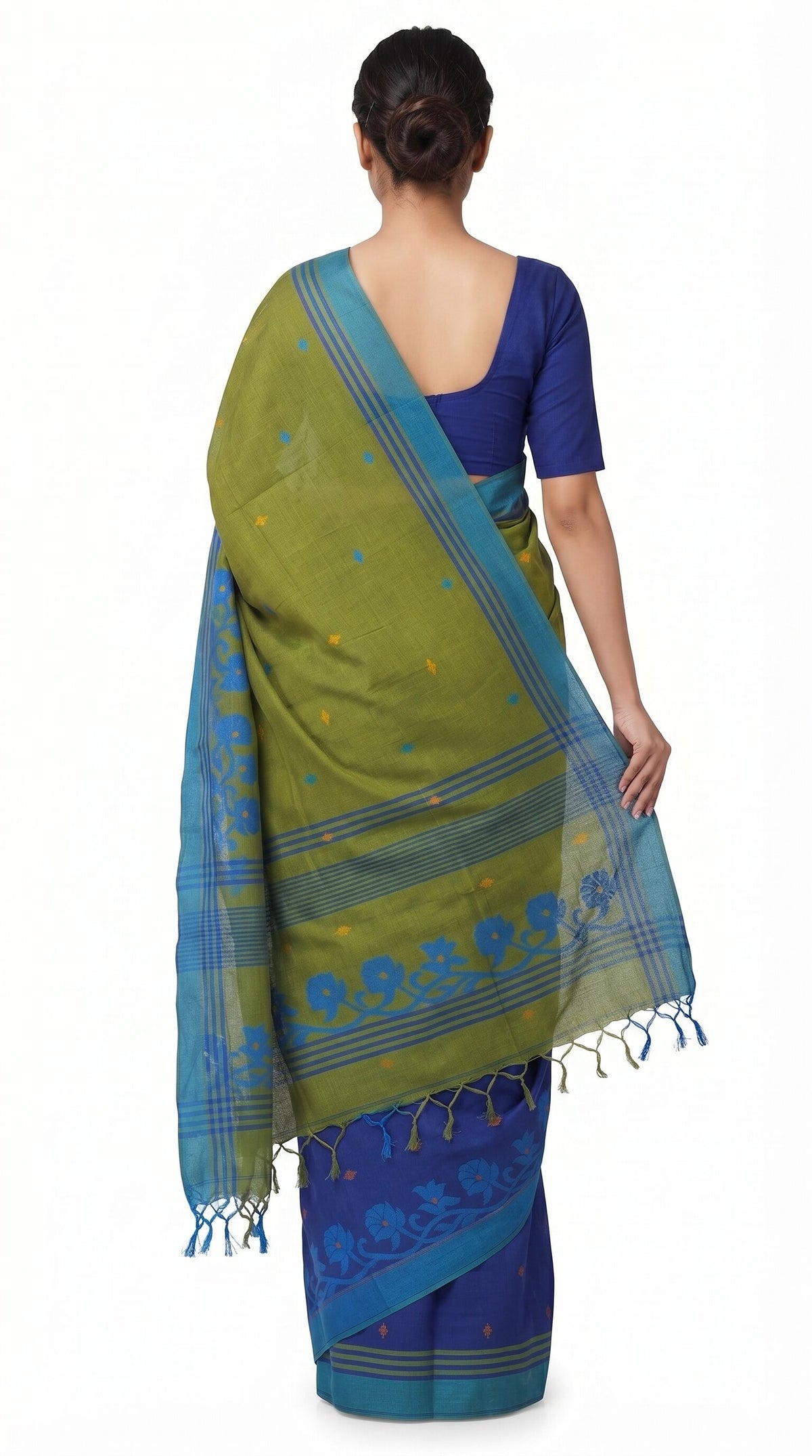 Pradip Fabrics Woven Tant Silk Blend Saree (Green, Blue)