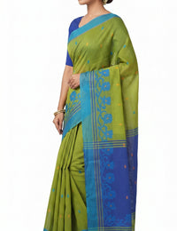 Pradip Fabrics Woven Tant Silk Blend Saree (Green, Blue)