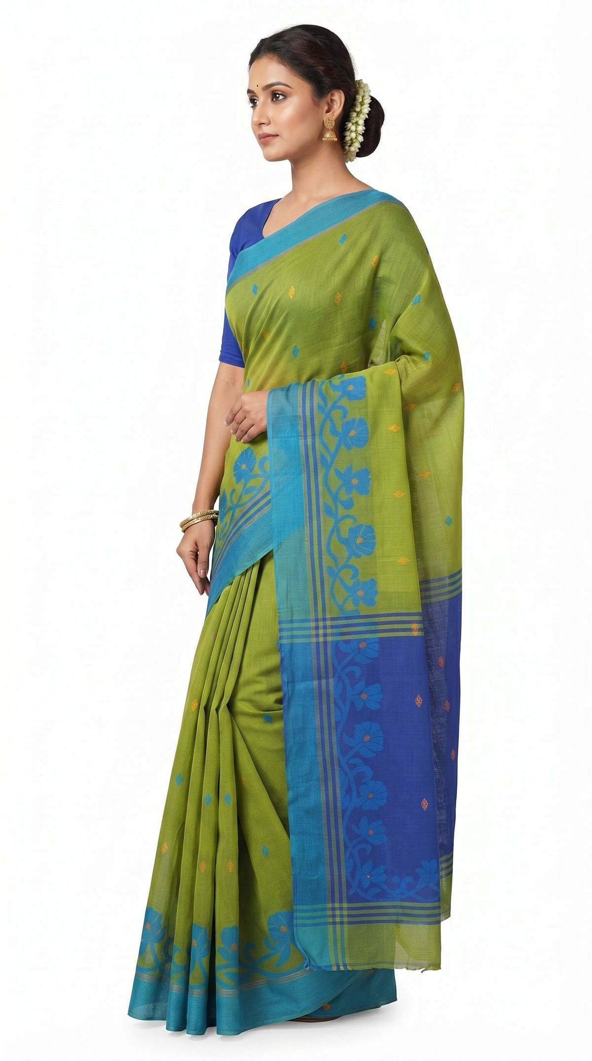 Pradip Fabrics Woven Tant Silk Blend Saree (Green, Blue)