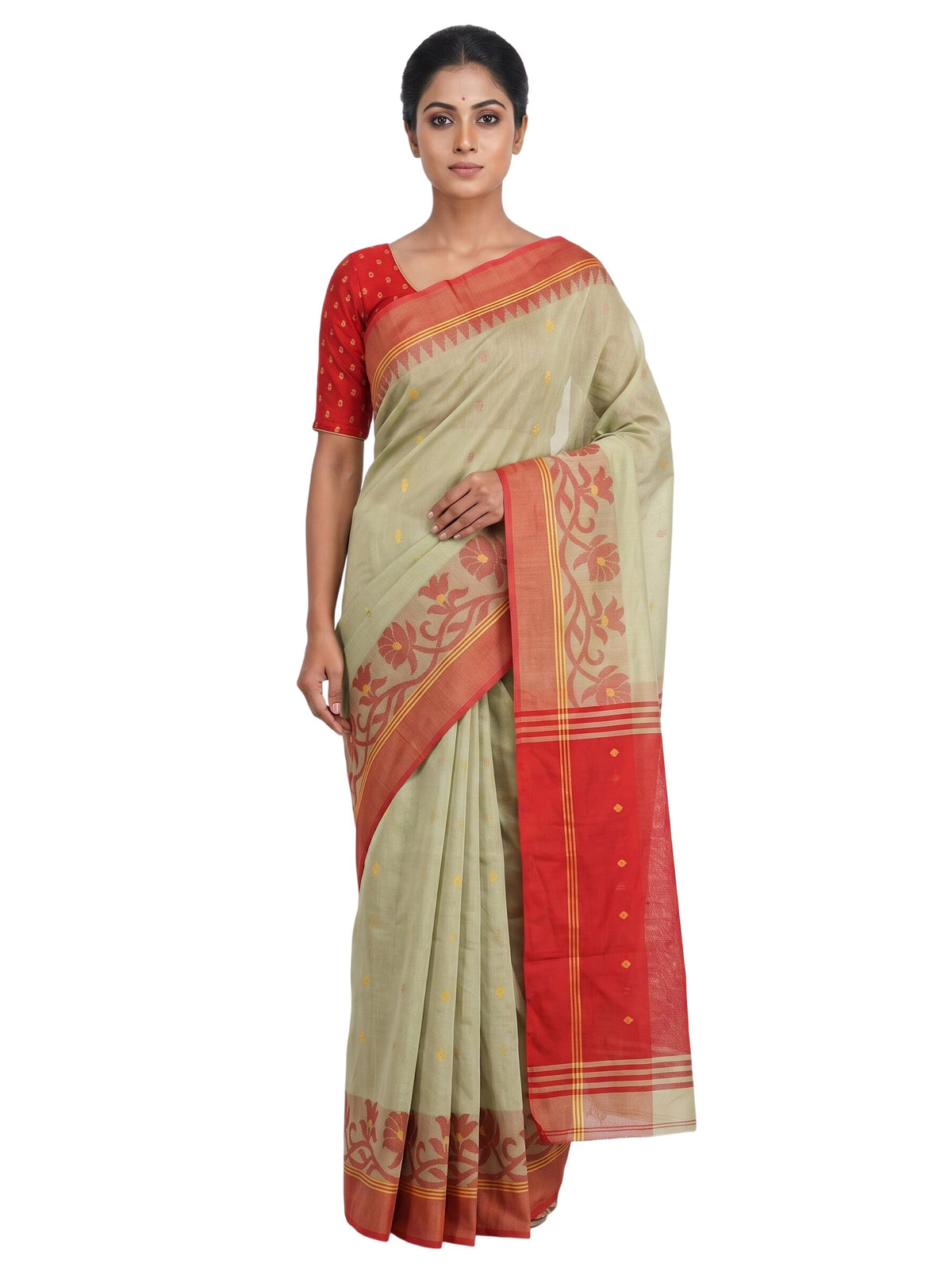 Pradip Fabrics Woven Tant Silk Blend Saree (Green, Blue)