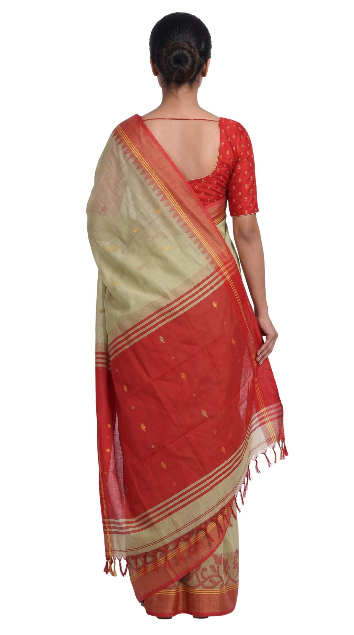 Pradip Fabrics Woven Tant Silk Blend Saree (Green, Blue)