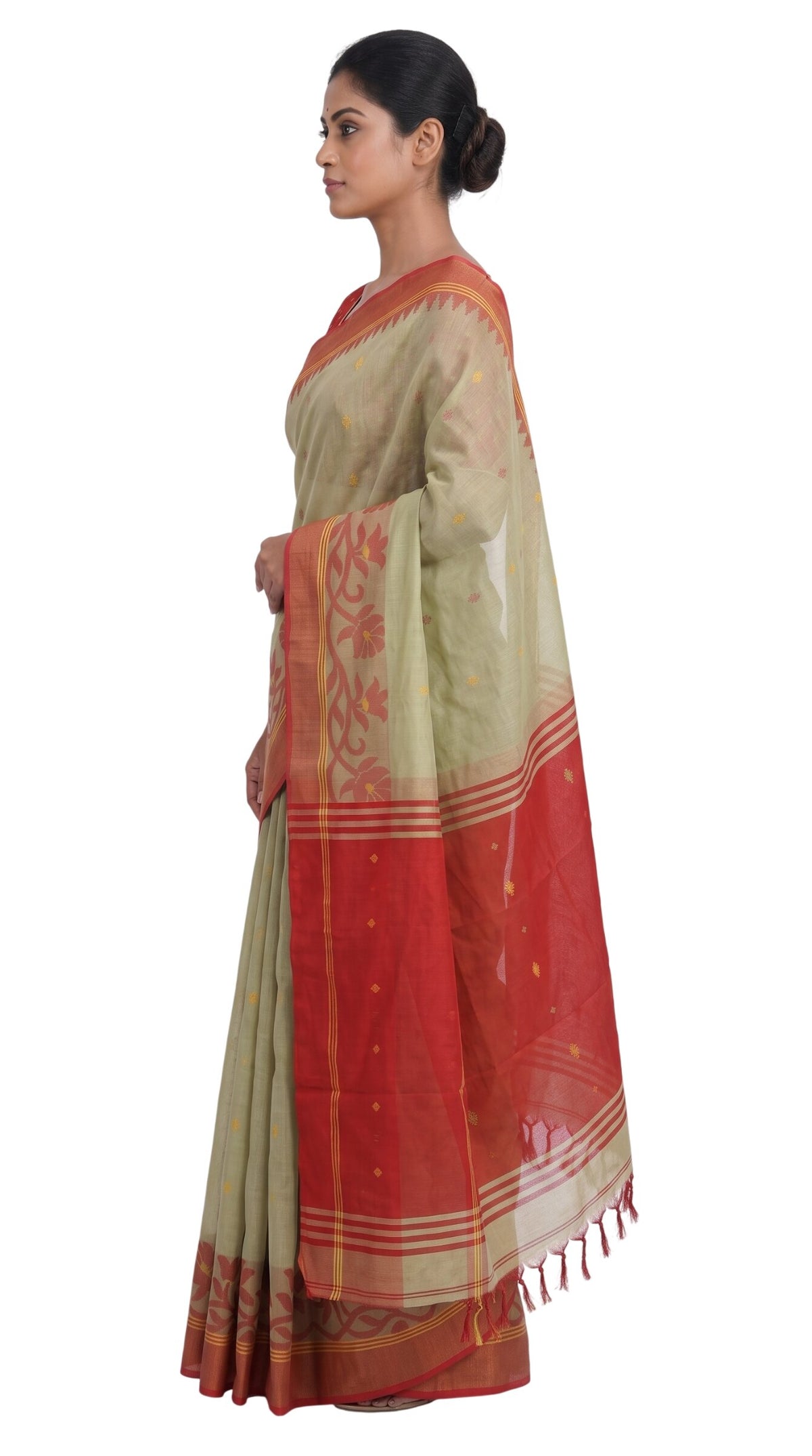 Pradip Fabrics Woven Tant Silk Blend Saree (Green, Blue)