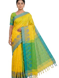 Pradip Fabrics Woven Tant Silk Blend Saree (Green, Blue)