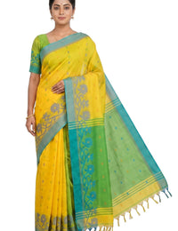 Pradip Fabrics Woven Tant Silk Blend Saree (Green, Blue)