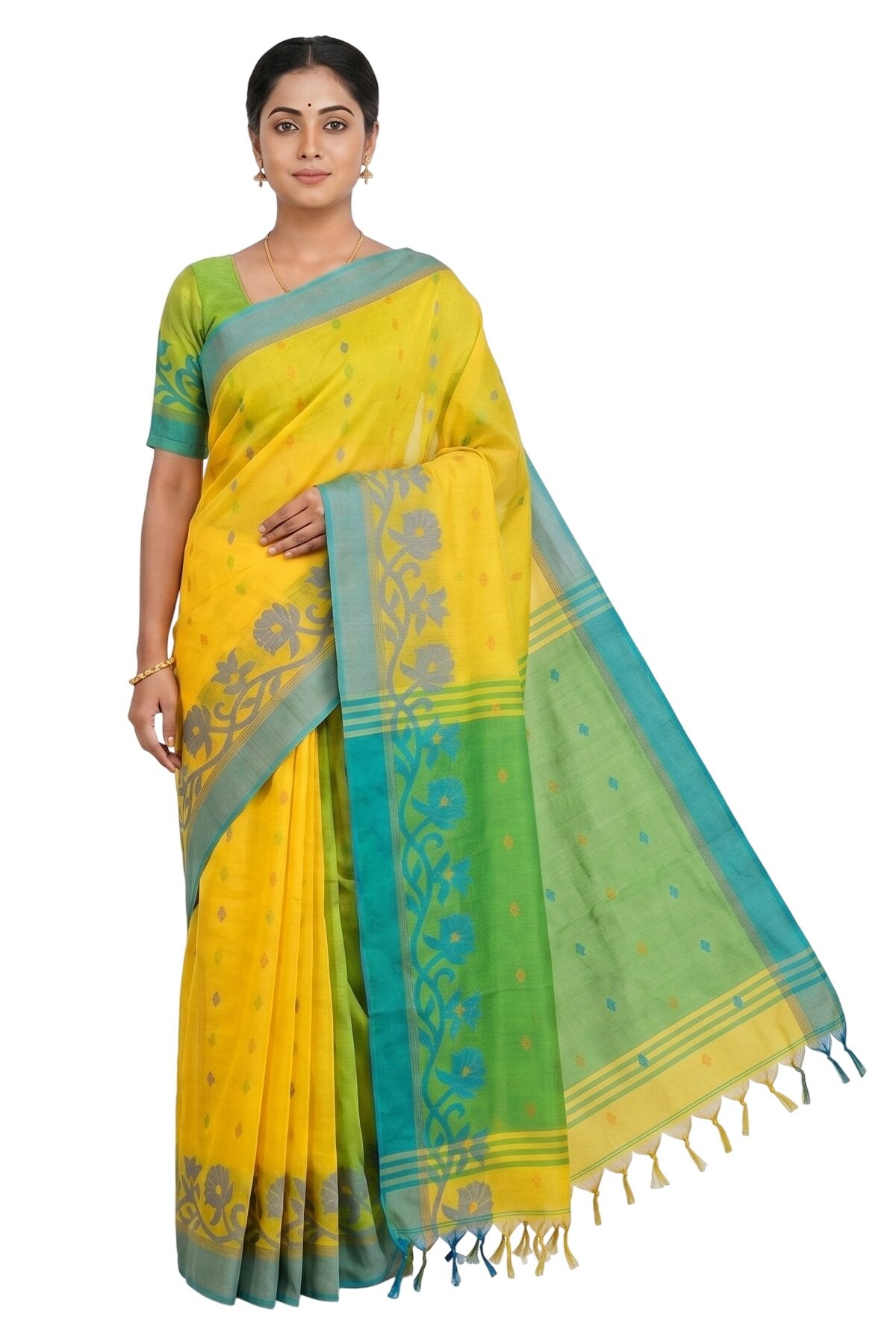 Pradip Fabrics Woven Tant Silk Blend Saree (Green, Blue)