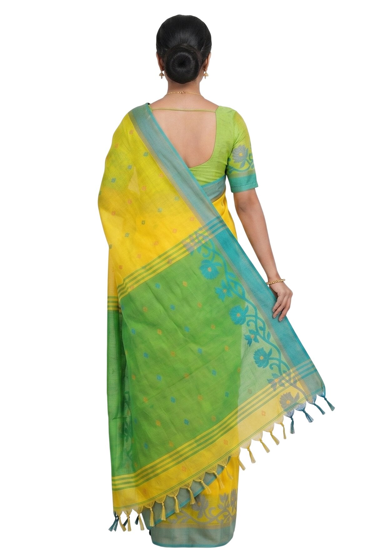 Pradip Fabrics Woven Tant Silk Blend Saree (Green, Blue)