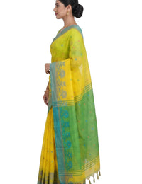 Pradip Fabrics Woven Tant Silk Blend Saree (Green, Blue)