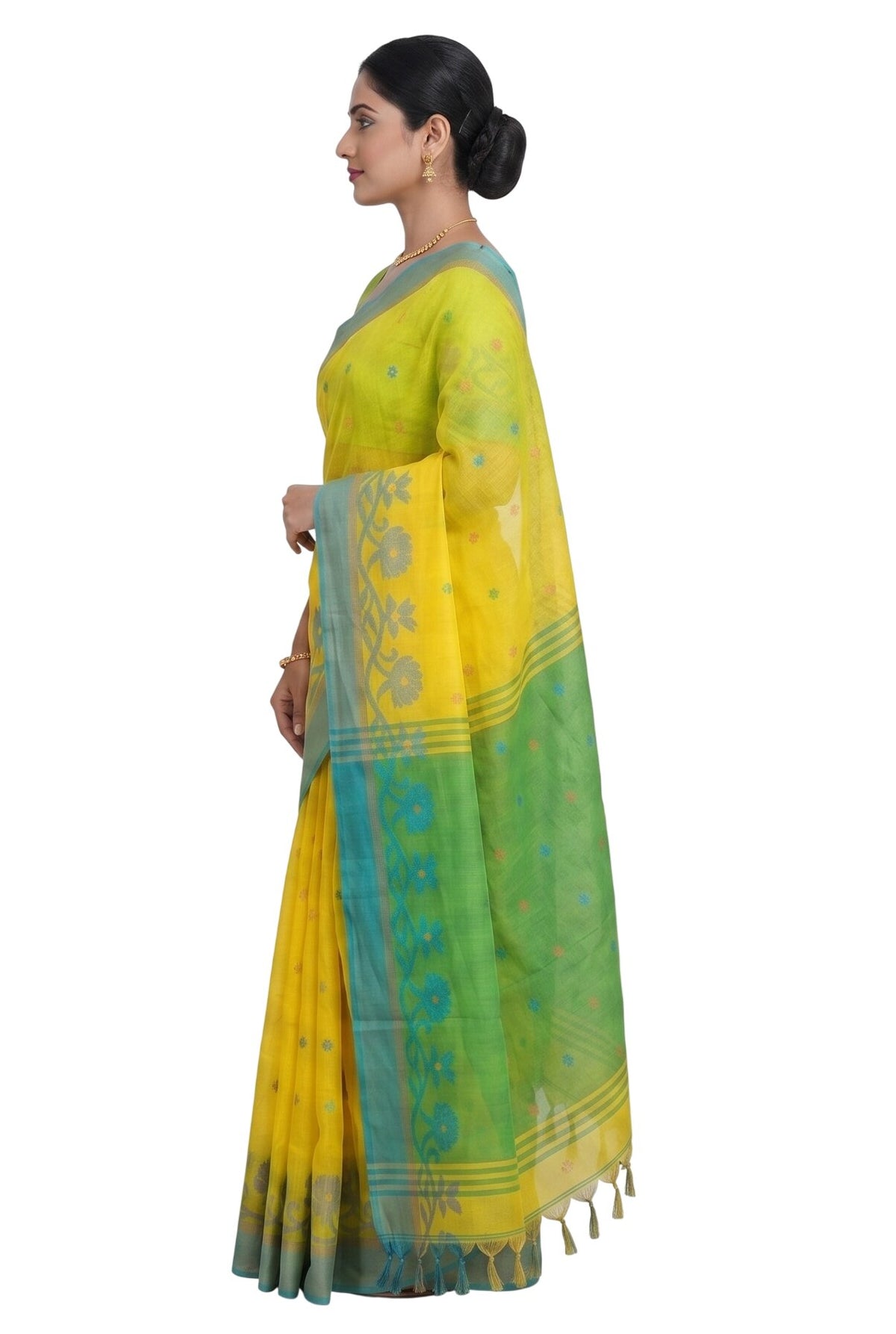 Pradip Fabrics Woven Tant Silk Blend Saree (Green, Blue)