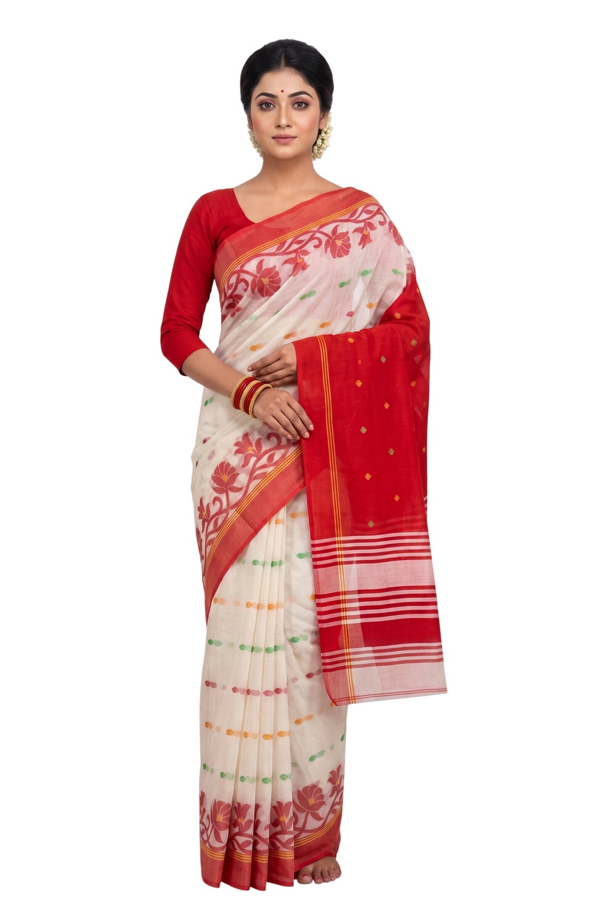 Pradip Fabrics Woven Tant Silk Blend Saree (Green, Blue)