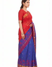 Pradip Fabrics Woven Tant Silk Blend Saree (Green, Blue)