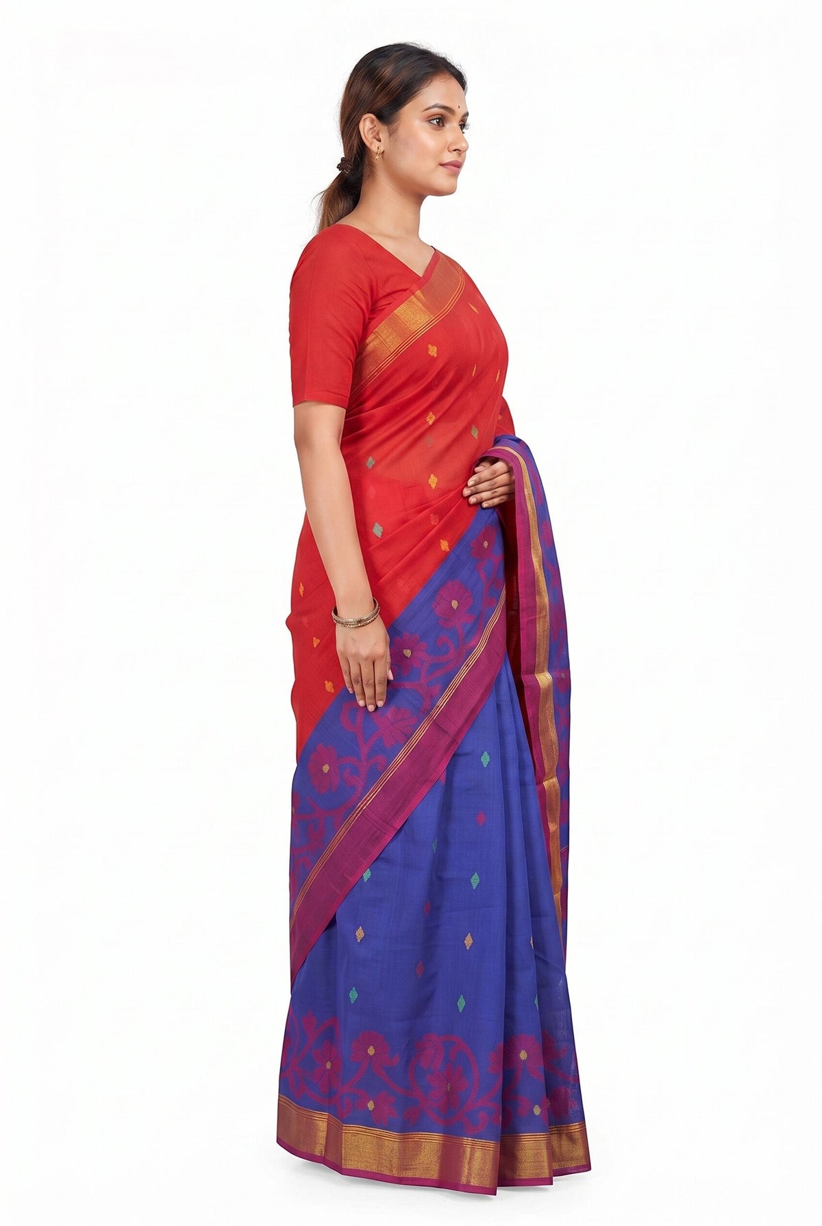 Pradip Fabrics Woven Tant Silk Blend Saree (Green, Blue)