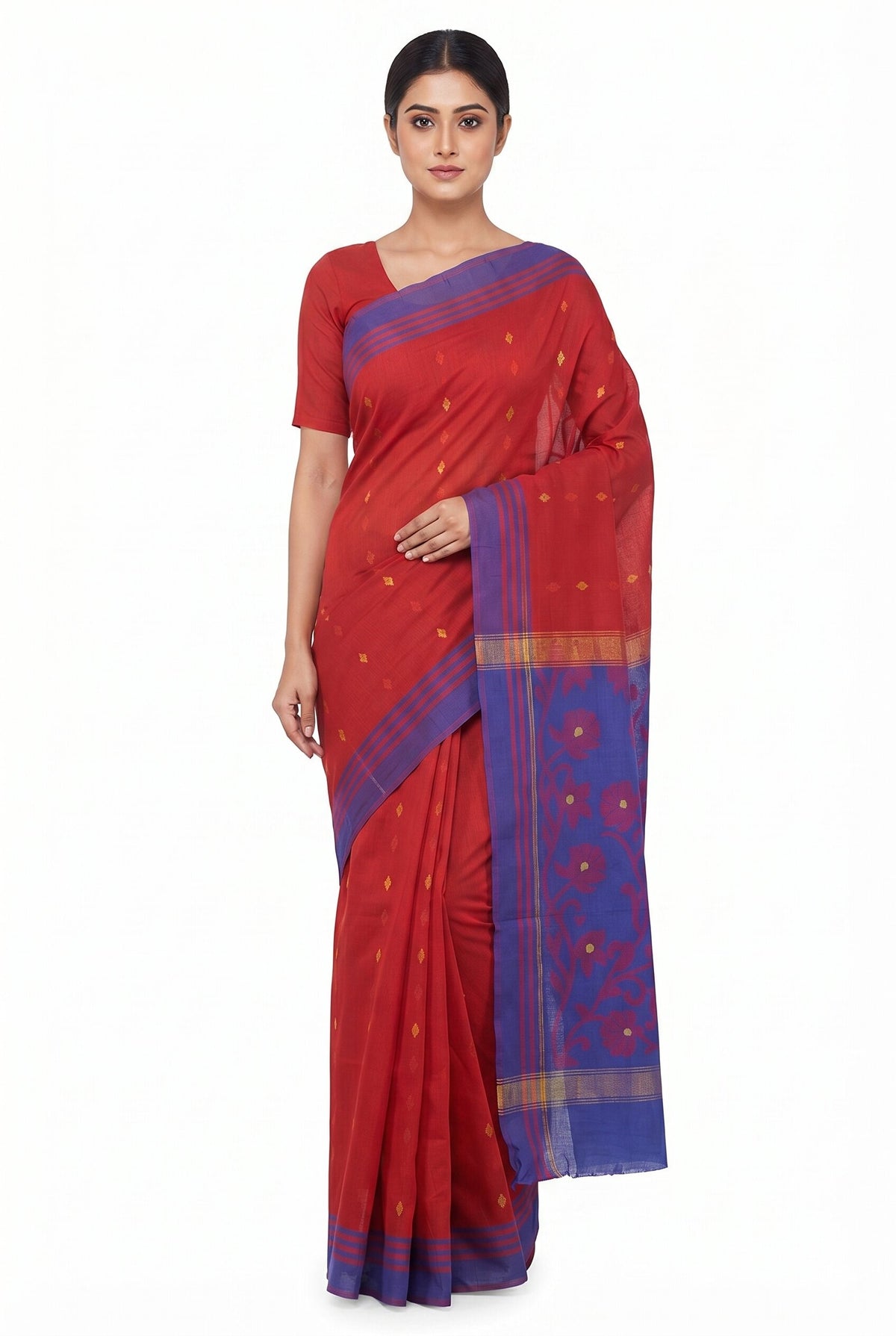 Pradip Fabrics Woven Tant Silk Blend Saree (Green, Blue)