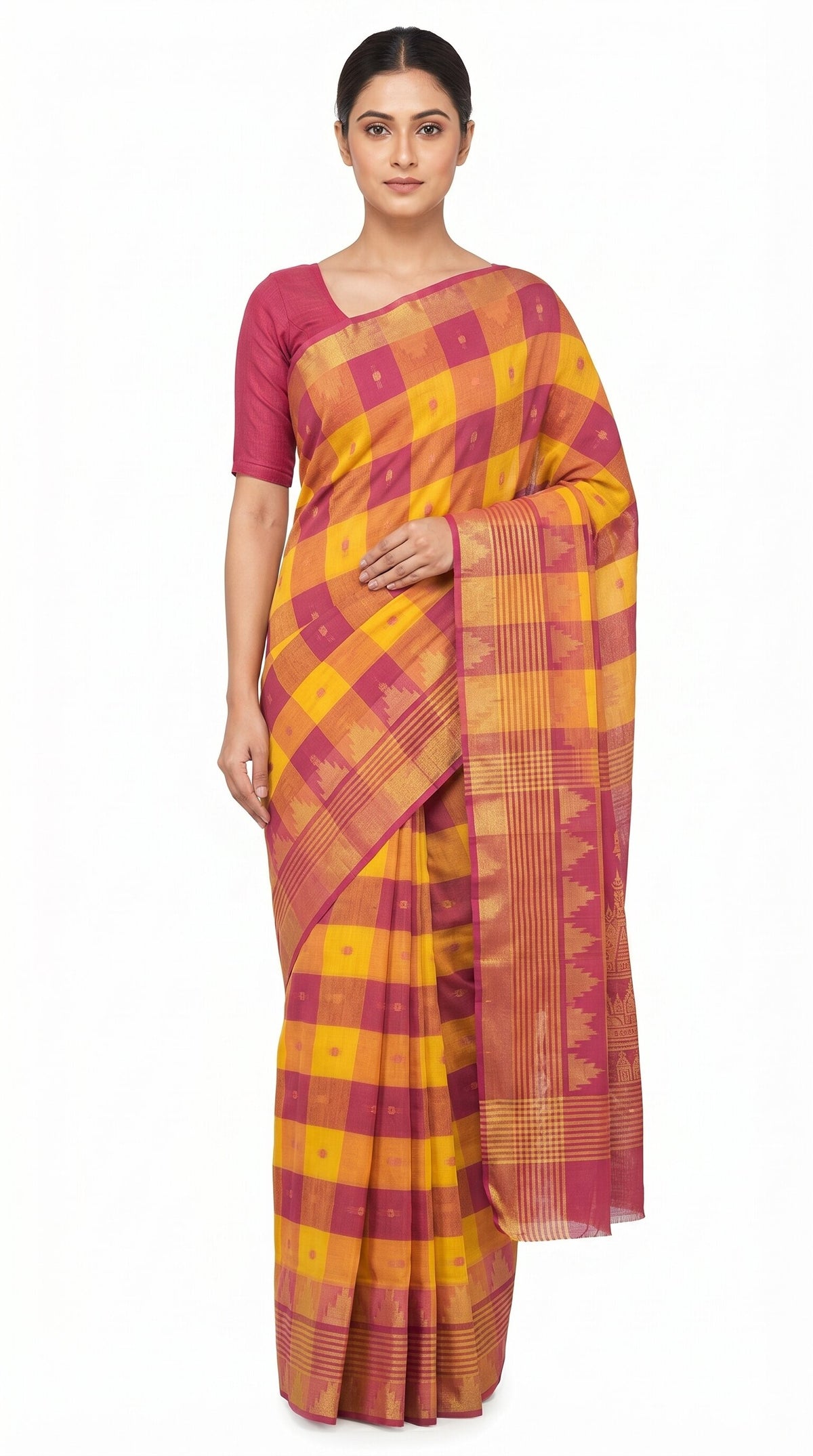 Pradip Fabrics Checkered Tant Pure Cotton Saree