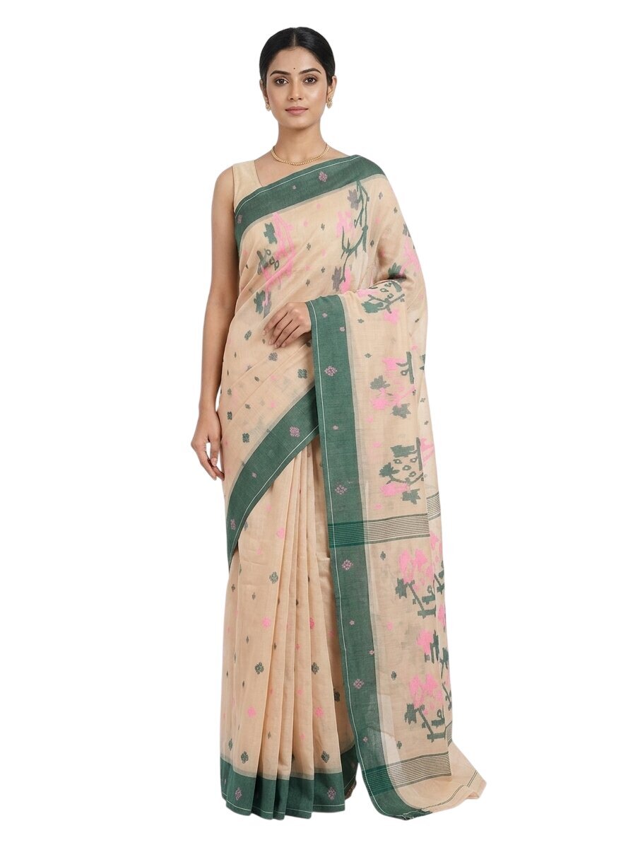 Pradip Fabrics Handloom Jamdani Cotton Saree with Floral Motifs