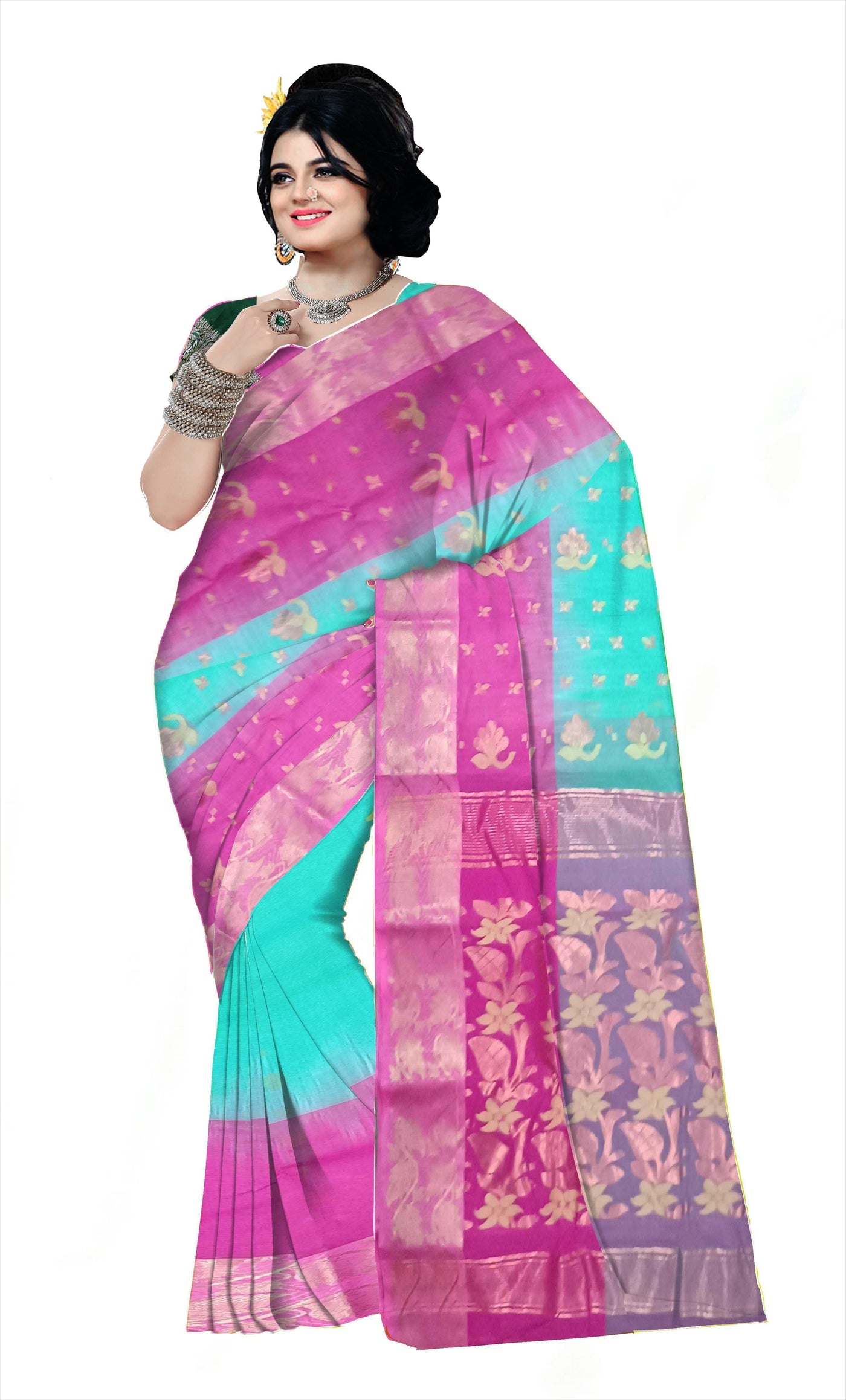 Pradip Fabrics Woven Tant Silk Blend Saree (Pink, Light Green)