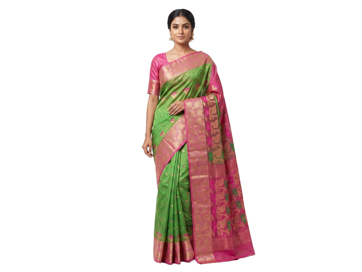 Pradip Fabrics Woven Tant Silk Blend Saree (Pink, Light Green)