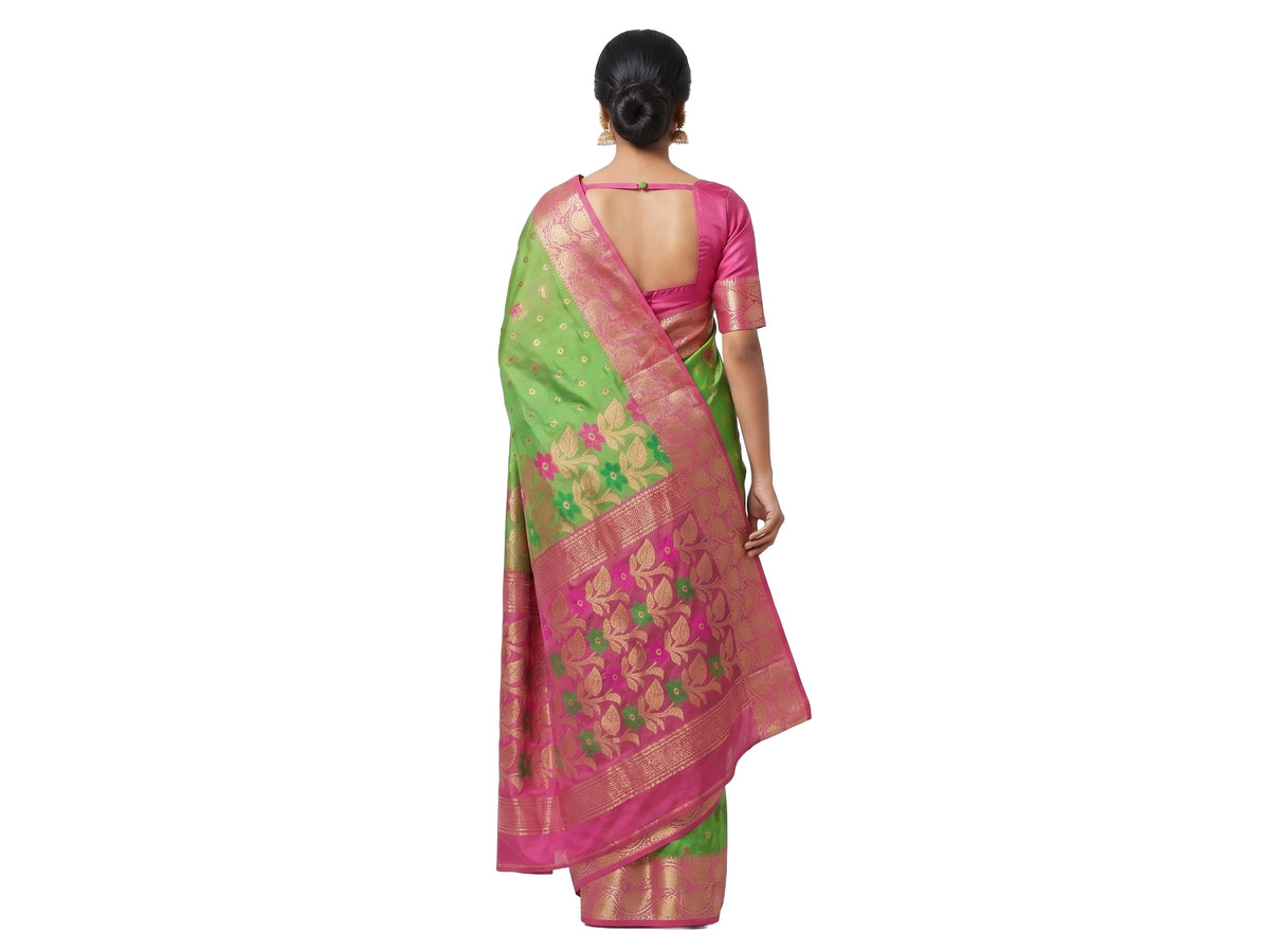 Pradip Fabrics Woven Tant Silk Blend Saree (Pink, Light Green)
