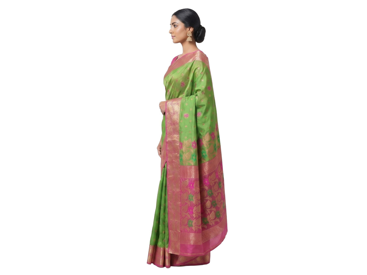 Pradip Fabrics Woven Tant Silk Blend Saree (Pink, Light Green)
