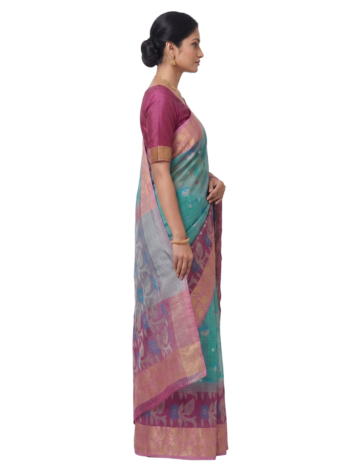 Pradip Fabrics Woven Tant Silk Blend Saree (Pink, Light Green)