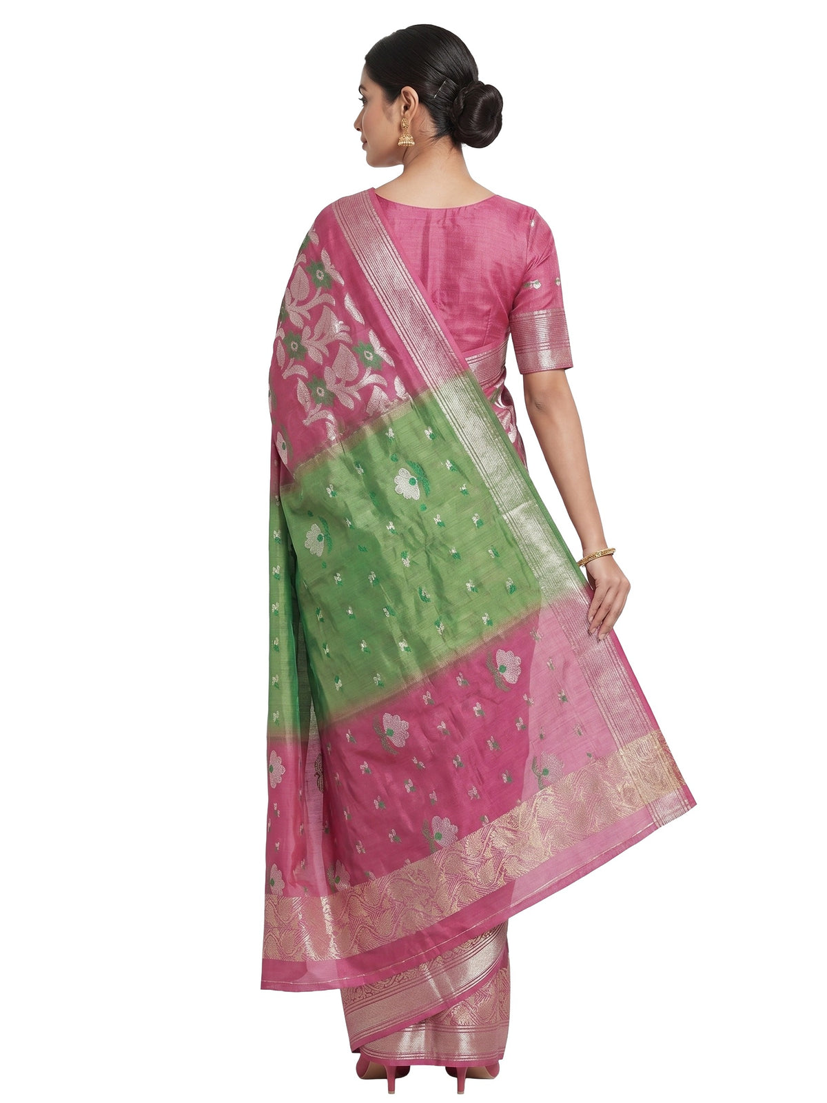 Pradip Fabrics Woven Tant Silk Blend Saree (Pink, Light Green)