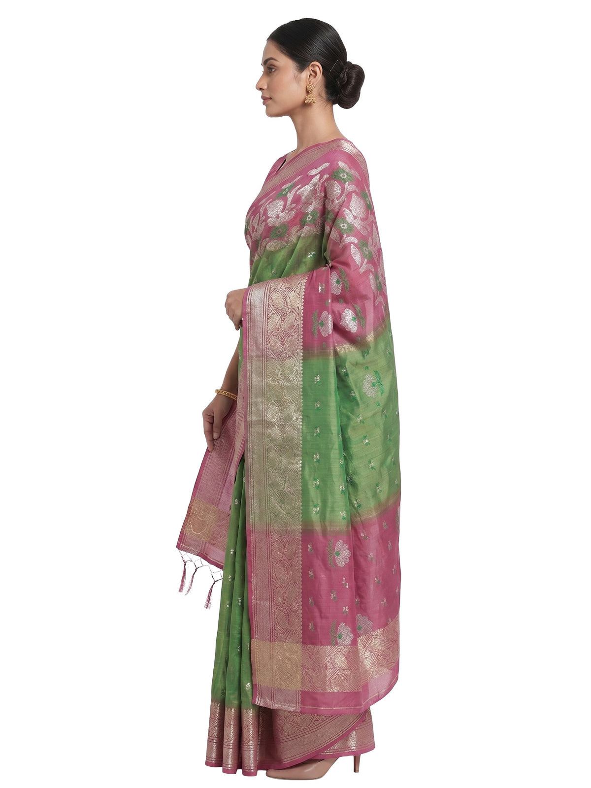 Pradip Fabrics Woven Tant Silk Blend Saree (Pink, Light Green)