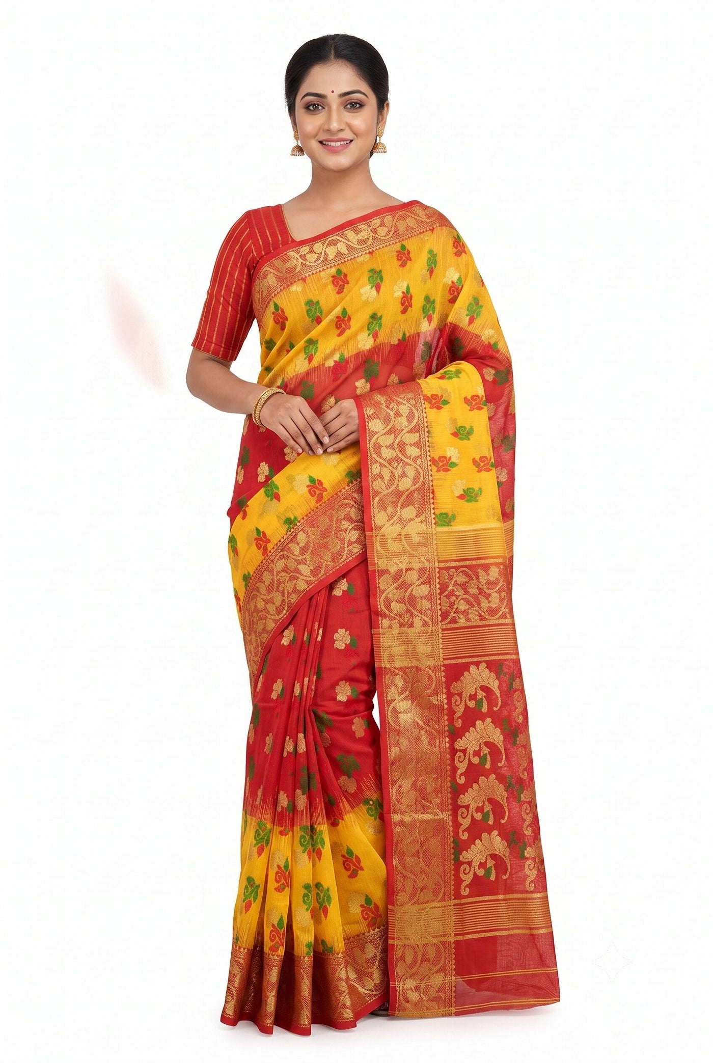 Pradip Fabrics Yellow & Red Soft Tant Silk Saree 