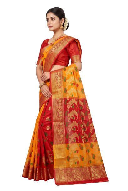 Pradip Fabrics Yellow & Red Soft Tant Silk Saree 