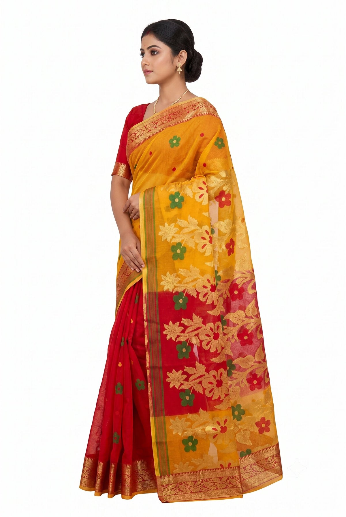 Pradip Fabrics Yellow & Red Soft Tant Silk Saree 